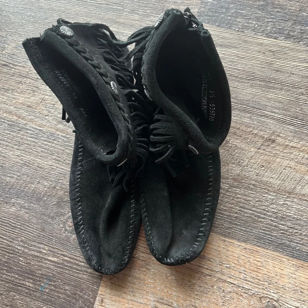Moccasin Ankle Boots Black Suede‎ Fringe Detail Western Style